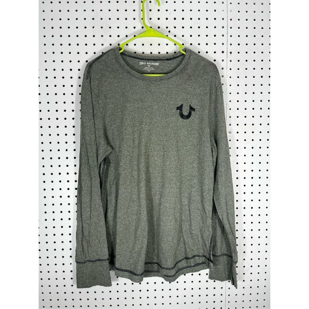 True Religion Men's Long Sleeve Shirt in Heather Gray with Black Logo